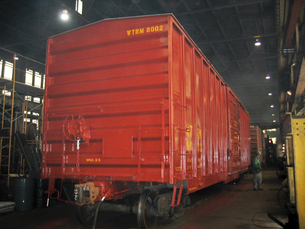 Remanufactured high cube box car WTRM 8002 exterior in facility